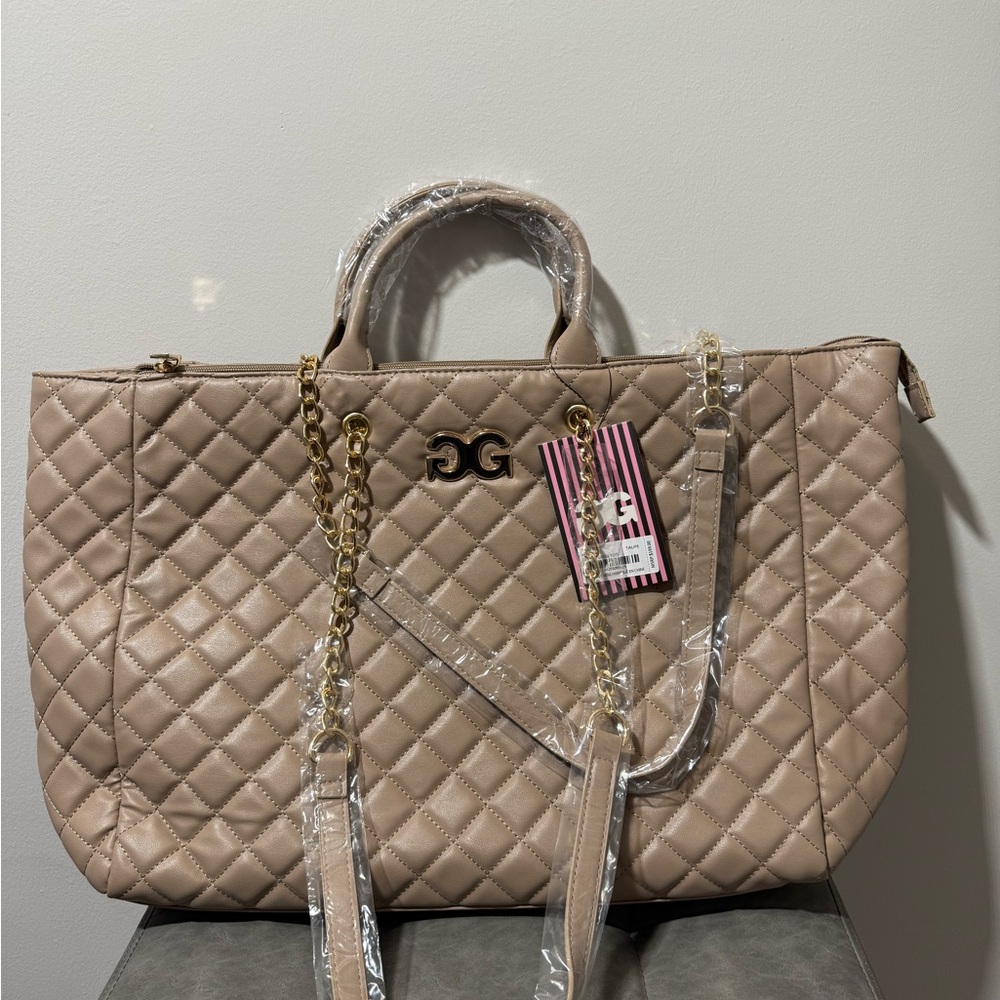 Tan Quilted Tote Bag with Gold Hardware